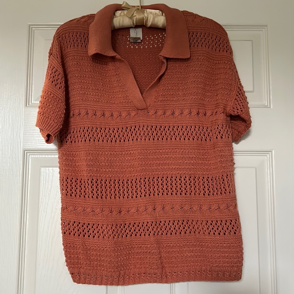 Joie Rust Open-Knit Polo Sweater Top